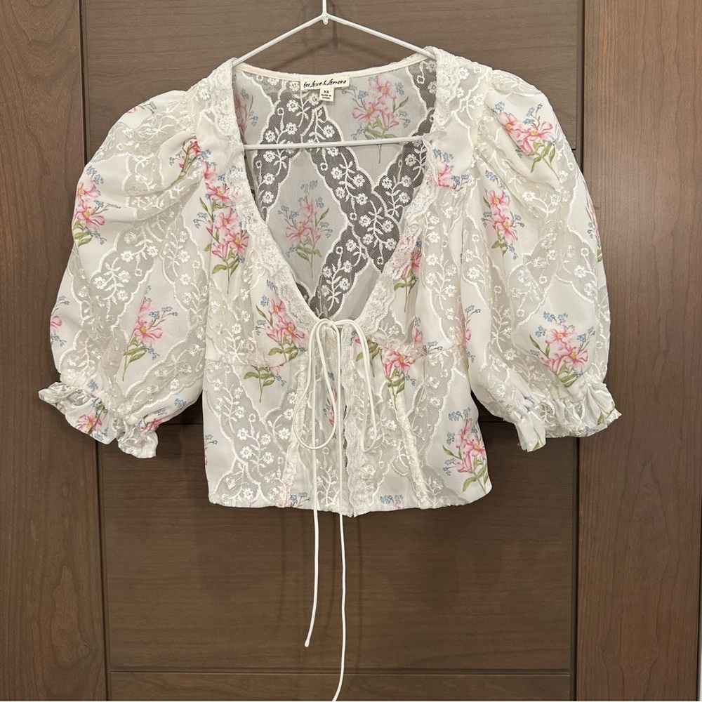 For Love and Lemons Diana Floral Lace Puff Sleeve Top XS Unworn